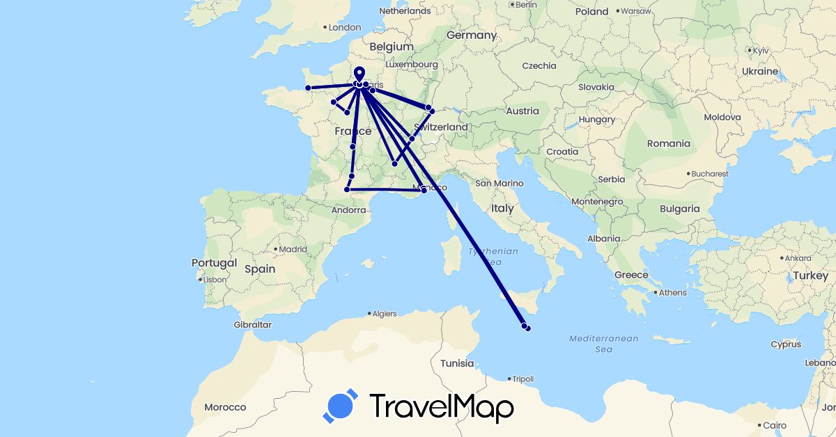 TravelMap itinerary: driving in Switzerland, France, Malta (Europe)